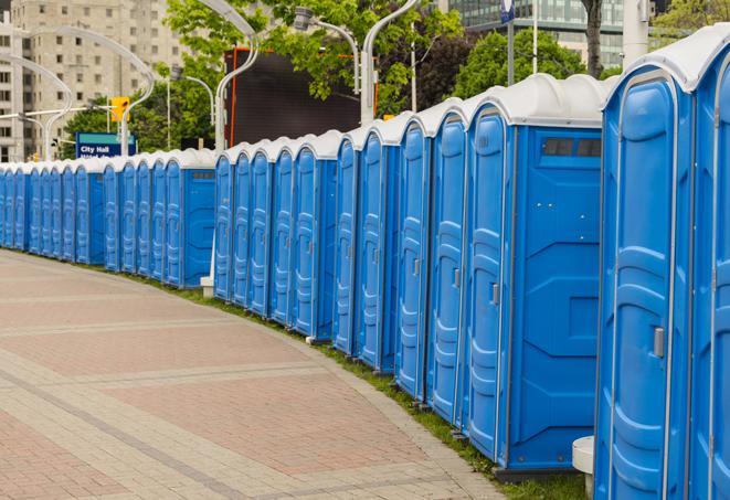 a line of spacious and well-maintained portable restrooms in Bloomfield